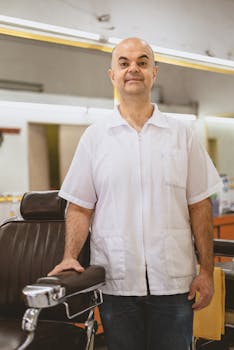 Portrait of a professional barber standing confidently in a classic barber shop.