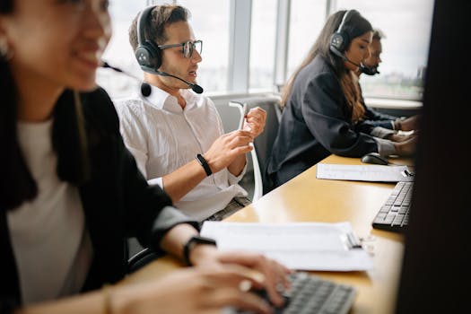 A diverse team of call center agents working together in a modern office setting.