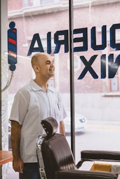 A barber in a shop standing near a chair, looking outside through a large window with signage.