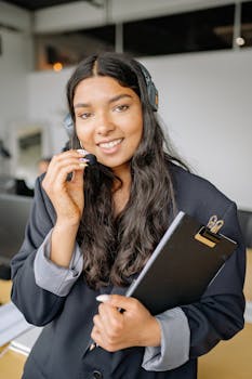 Smiling young woman working in a call center wearing a headset and holding a clipboard.