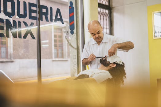 Barber performing a classic straight razor shave on a client in a bright barbershop.