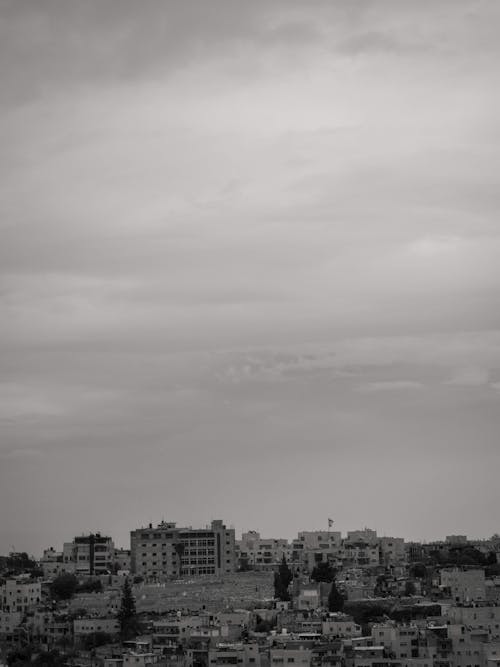 Free Grayscale Photo of Houses and Buildings Under a Cloudy Sky Stock Photo