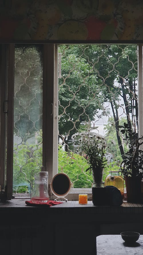 Window in a Domestic Room with a Mirror and Plants on the Windowsill 