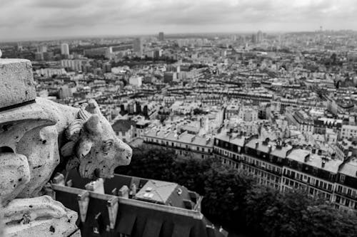 Grayscale Photo of City Buildings in France