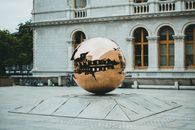 Photo of the Sphere Within Sphere by the Entrance to the Berkeley Library