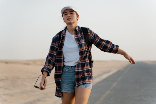 A young woman in casual attire walks on a remote desert road, embodying adventure.