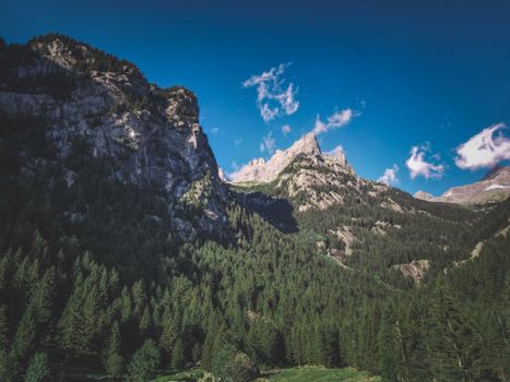 Stunning mountain scenery with lush forest and rocky peaks under a clear blue sky.