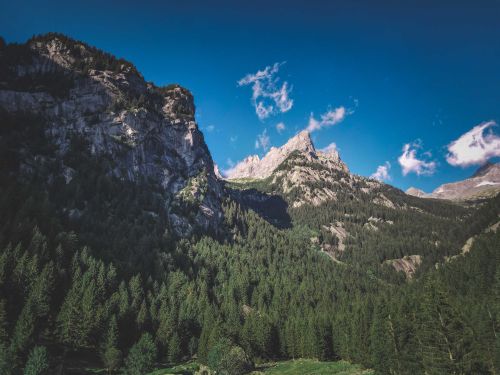 Free Stunning mountain scenery with lush forest and rocky peaks under a clear blue sky. Stock Photo
