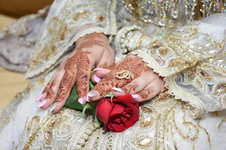 Close-Up Shot Of Hands With Mehndi Tattoo