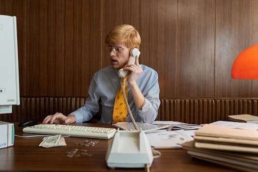 A man with eyeglasses using a landline phone in a retro office setting.