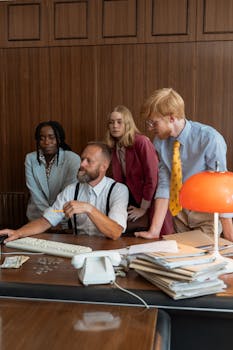Diverse group of coworkers collaborating around a desk in a vintage office setting.