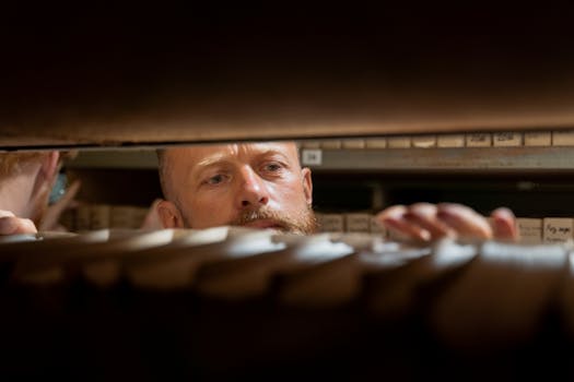 A man searches through archives in an office storage room, focused and working.