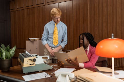A retro office setting with colleagues discussing documents at a desk.