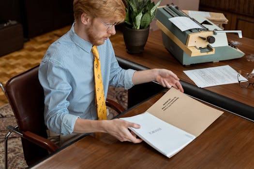 Man reviewing documents at vintage office desk with typewriter. Classic workplace setting.