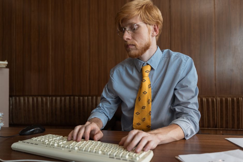 Hombre pelirrojo con gafas escribiendo en un teclado vintage en un entorno de oficina retro.