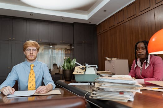 Two professionals in a retro office setting sharing a workspace.