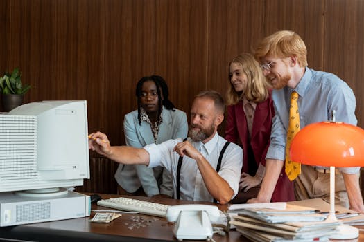 Diverse group of colleagues working together in an office with vintage computer.