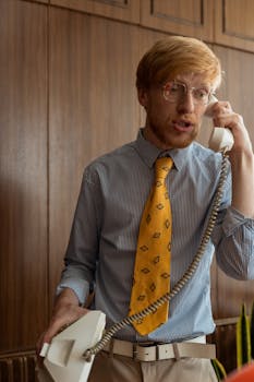 A man with red hair and eyeglasses talks on a rotary phone in a classic office setting.