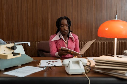 A professional African American woman working with files at a vintage desk setting in an office.