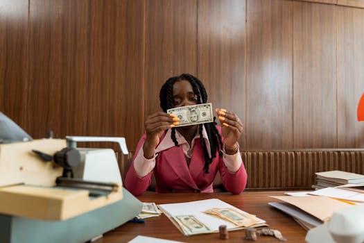 Professional woman at desk examining banknotes, surrounded by documents and coins.