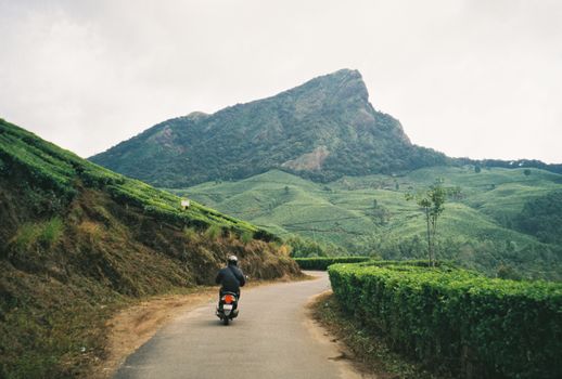 A motorcyclist rides along a scenic mountain road surrounded by lush greenery and hills.