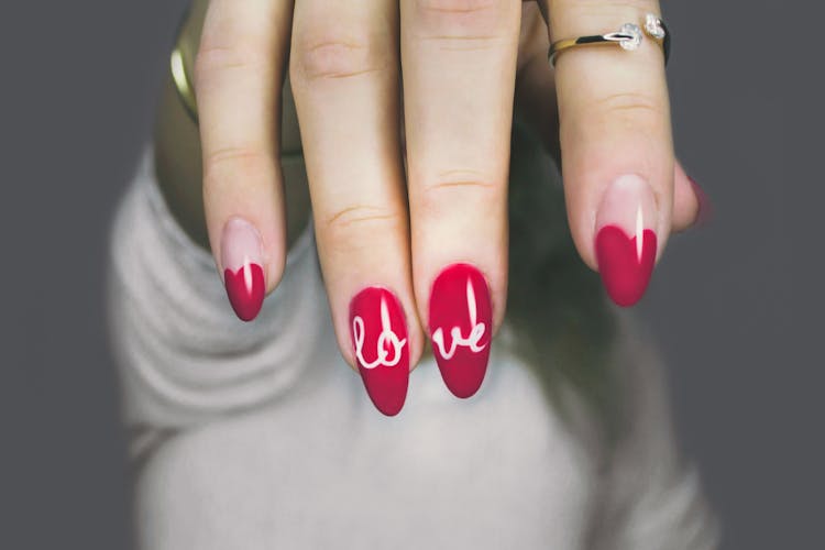 Red And White Manicure With Love Print