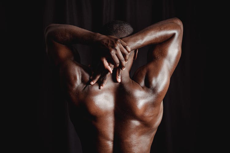 Back View Of Man Posing Shirtless, Showing Muscles