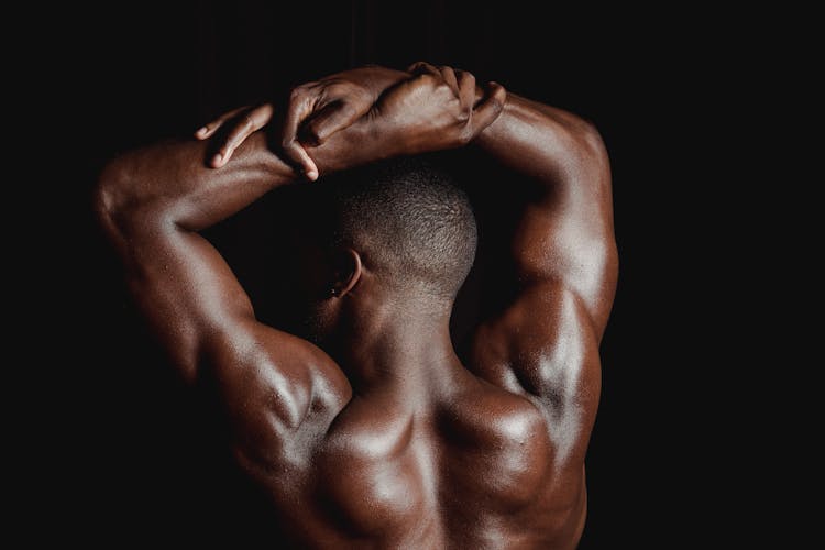 Back View Of Man Posing Shirtless, Showing Muscles