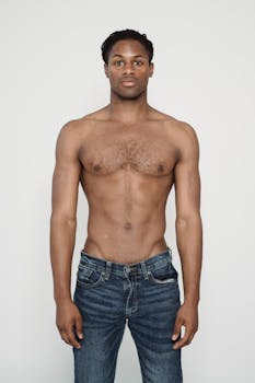 Studio portrait of a shirtless muscular man standing confidently in jeans on a white background.