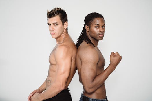Two shirtless men, showcasing muscles, stand back to back displaying strength and diversity.
