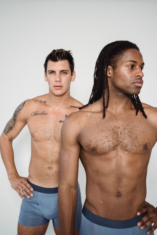 Free Two athletic male models posing in underwear, showcasing strength and fitness. Stock Photo