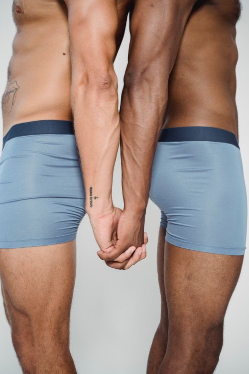 Free Two men in blue boxer briefs holding hands, showcasing unity and diversity. Stock Photo