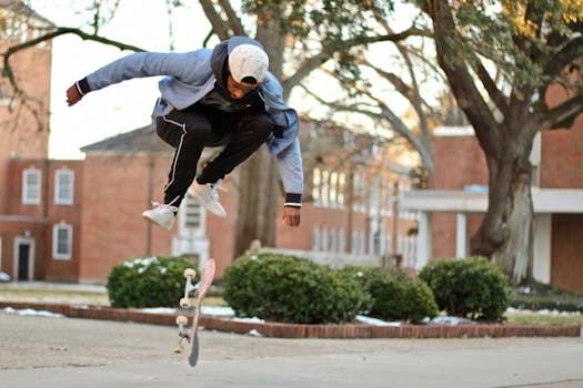 A young man performs an aerial skateboard trick in a park setting in Ruston, LA.