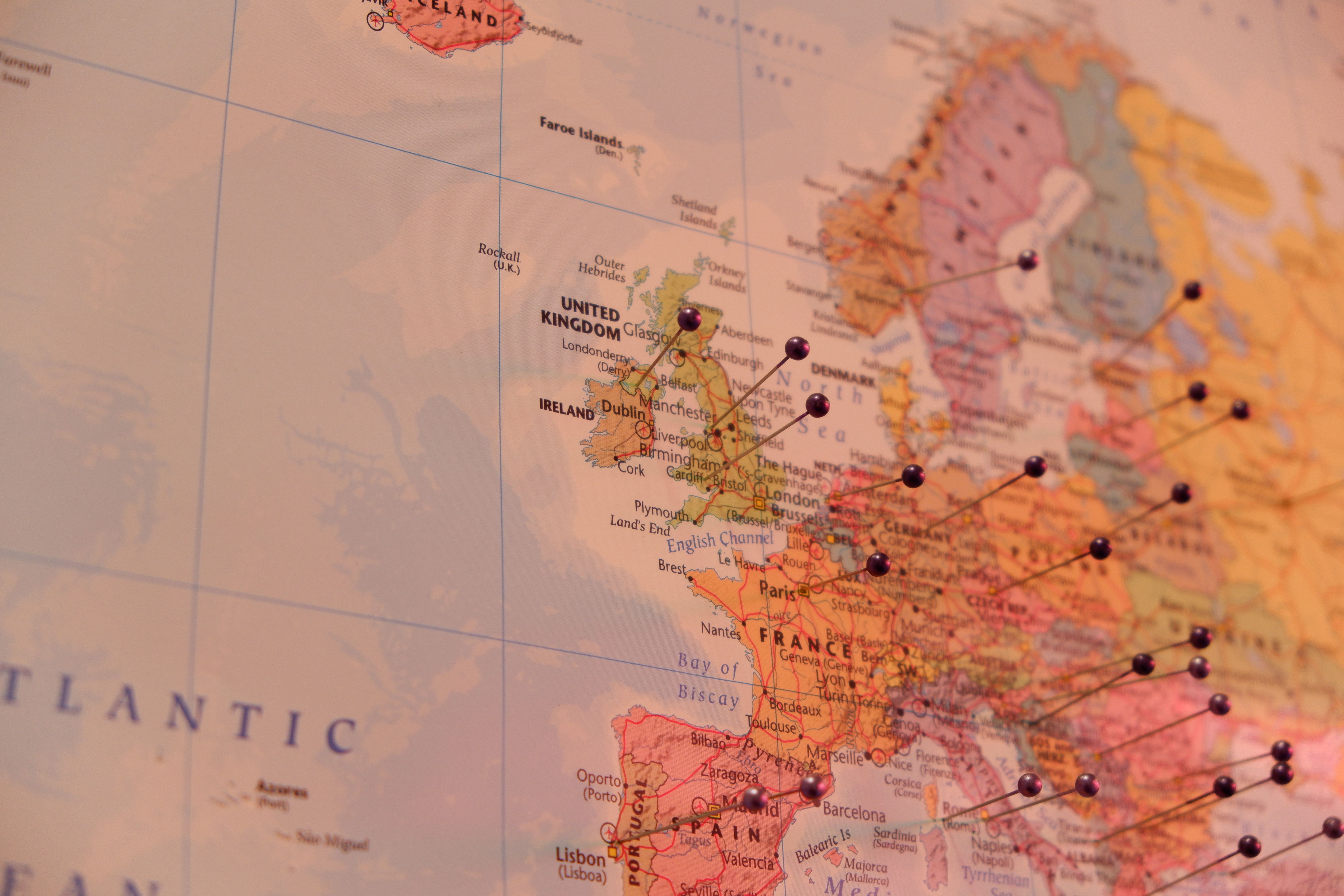 Map of Europe with pins marking locations across several countries