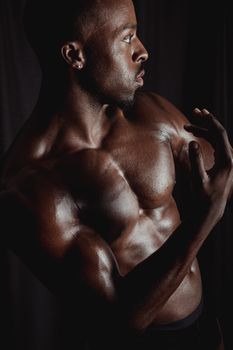 Striking portrait of a shirtless, muscular man posing against a dark background.