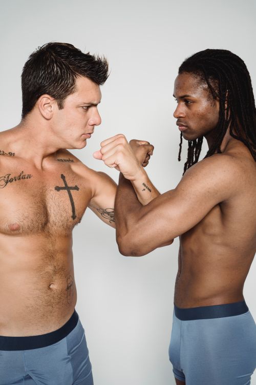 Free Studio shot of two adult men engaging in a competitive face-off, showcasing masculinity. Stock Photo