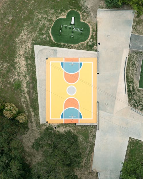Drone Shot of a Colorful Basketball Court