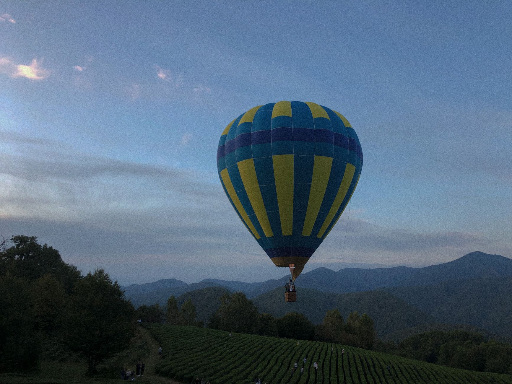 Hot air balloon soaring over a picturesque green hillside with mountains in the background.
