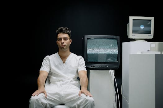 A serious man in white attire sits beside vintage TVs with static screens.
