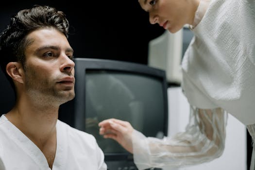 A serious healthcare professional consulting with a patient in a clinical setting.