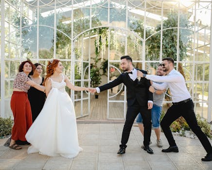 A fun and lively wedding moment with friends playfully tugging the bride and groom.