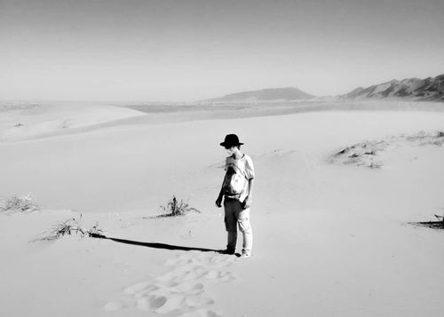 Free A lone person stands in a vast, monochrome desert, casting a long shadow on the sand. Stock Photo