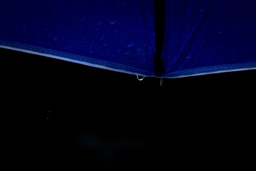 Close-up of a blue umbrella with water droplets on a dark rainy night.