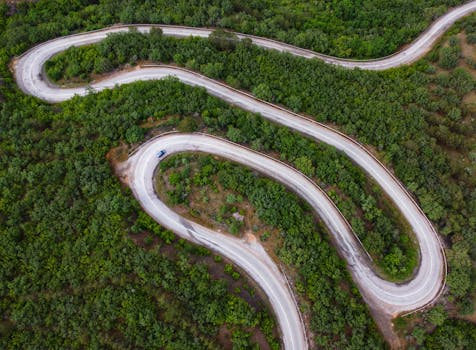 A winding road weaving through dense greenery, providing a picturesque aerial perspective.