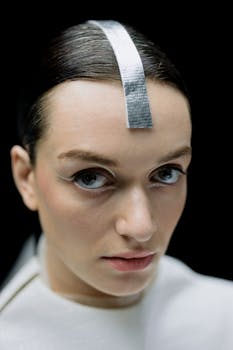 Close-up of a woman with futuristic makeup and attire, portraying modern aesthetics.