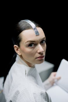 Elegant woman in futuristic attire holding a book in a modern laboratory.