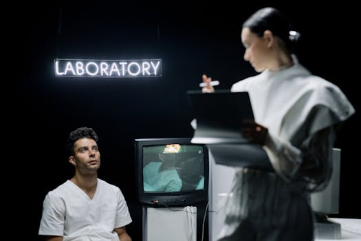 Scientist recording data in a modern laboratory setting with a patient.