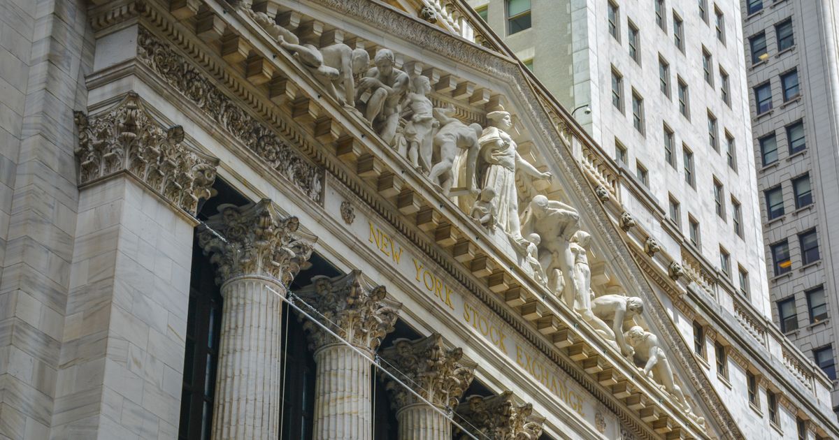 The facade of the New York Stock Exchange building on Wall Street.