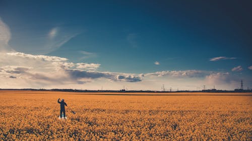 Man on Field Under Blue Cloudy Sky