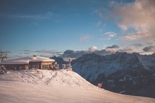 A scenic snowy mountain resort landscape with a clear sky and snow-capped peaks.